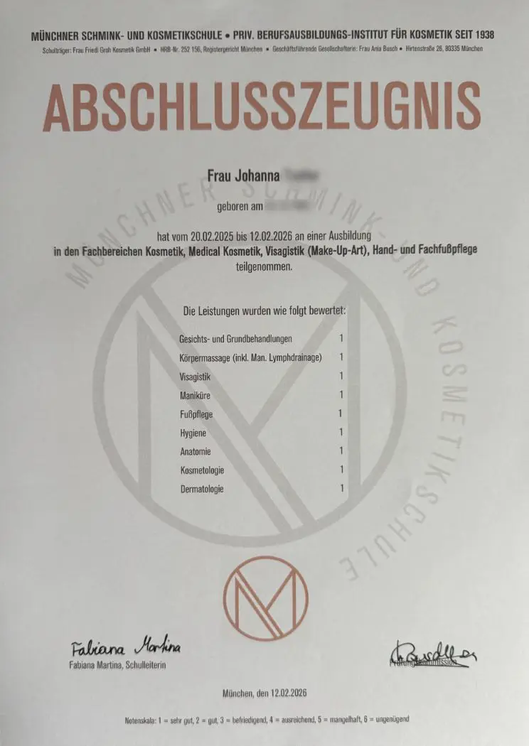 Abschlusszeugnis Kosmetikerin Johanna – Münchner Schmink- und Kosmetikschule