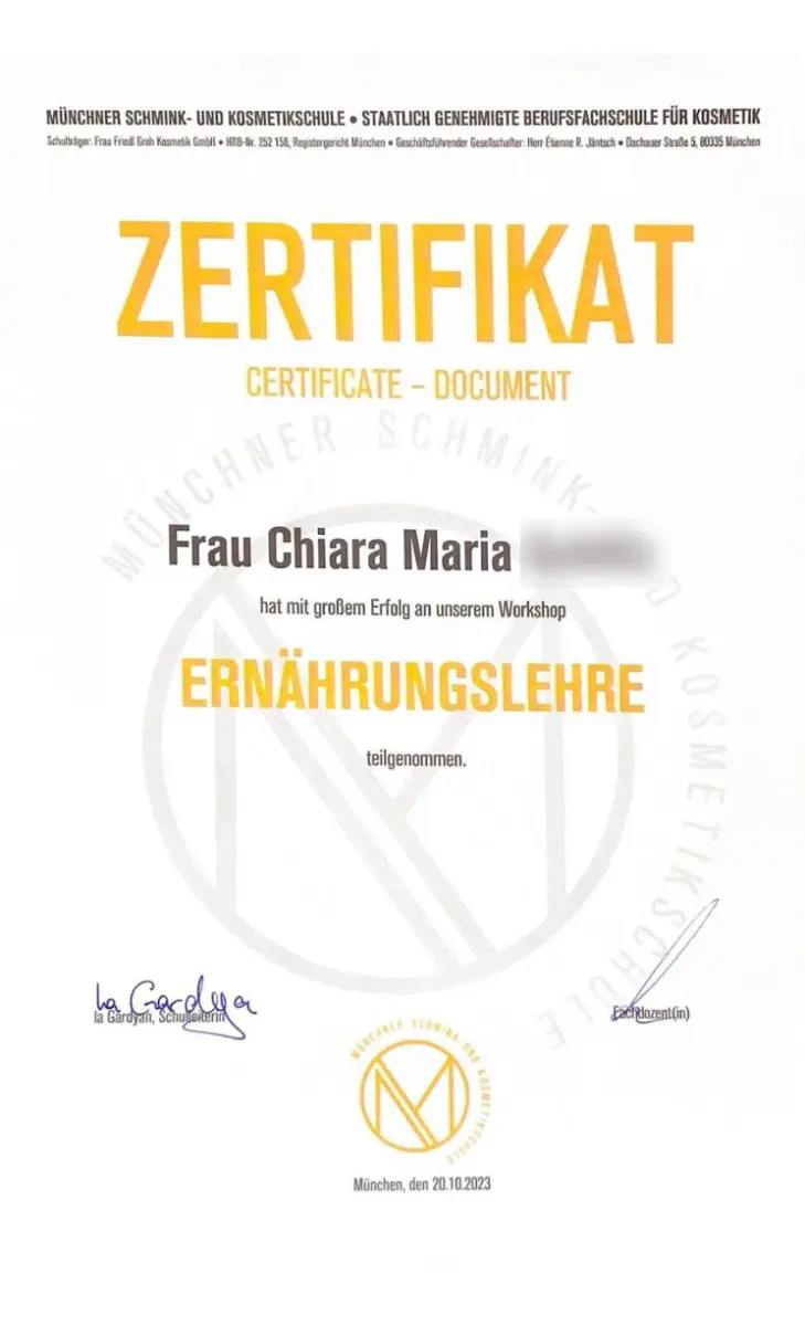 Zertifikat für Chiara zur Teilnahme am Workshop Ernährungslehre, Teil ihres ganzheitlichen Ansatzes bei Seelenwellness in Maxvorstadt