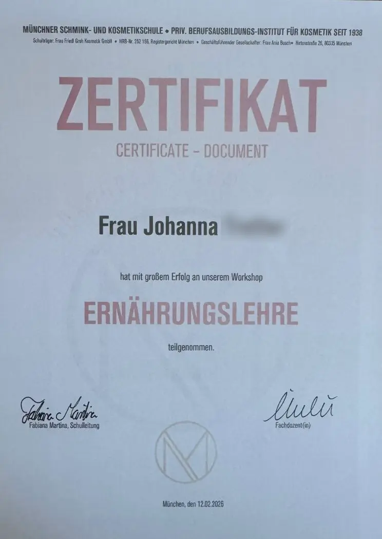 Zertifikat für Johanna zur Teilnahme am Workshop Ernährungslehre, angewendet im ganzheitlichen Konzept bei Seelenwellness in Maxvorstadt
