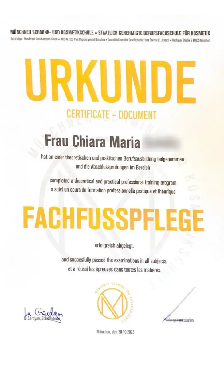 Fachfußpflege Zertifikat Chiara – Ganzheitliche Kosmetik