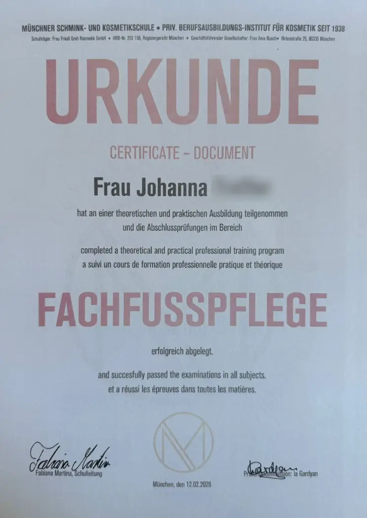 Fachfußpflege Zertifikat Johanna – Kosmetische Ausbildung