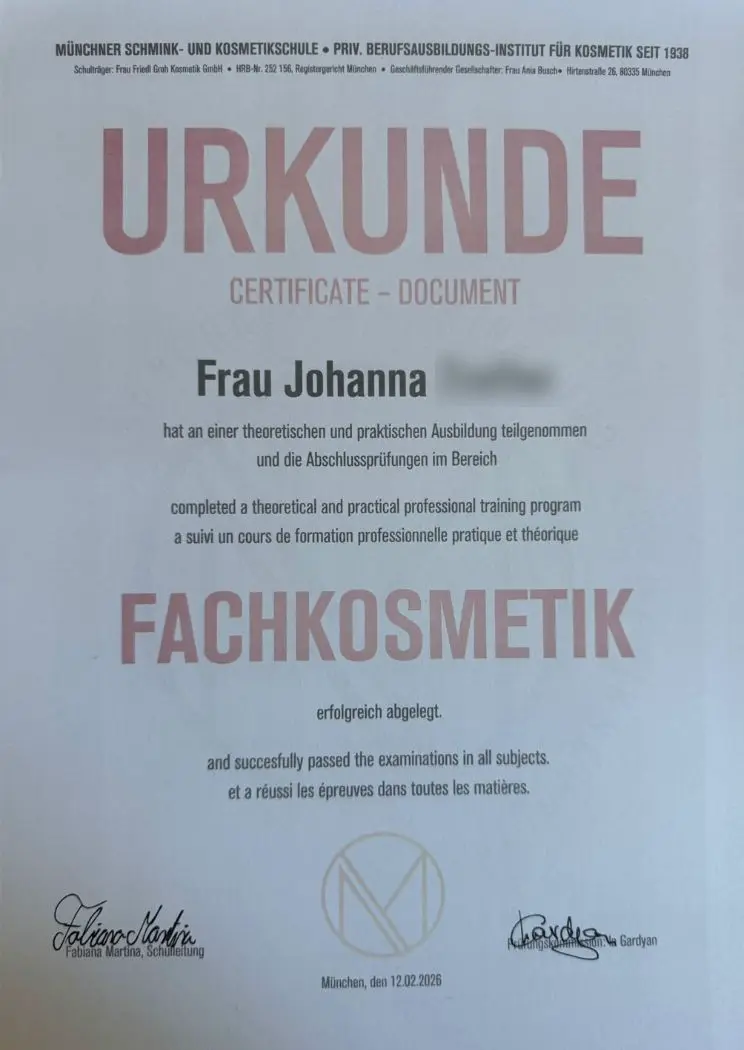 Fachkosmetik Zertifikat Johanna – Ganzheitliche Kosmetik