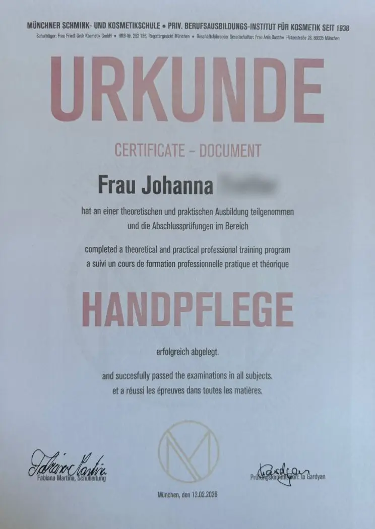 Handpflege Zertifikat Johanna – Kosmetikerin Ausbildung