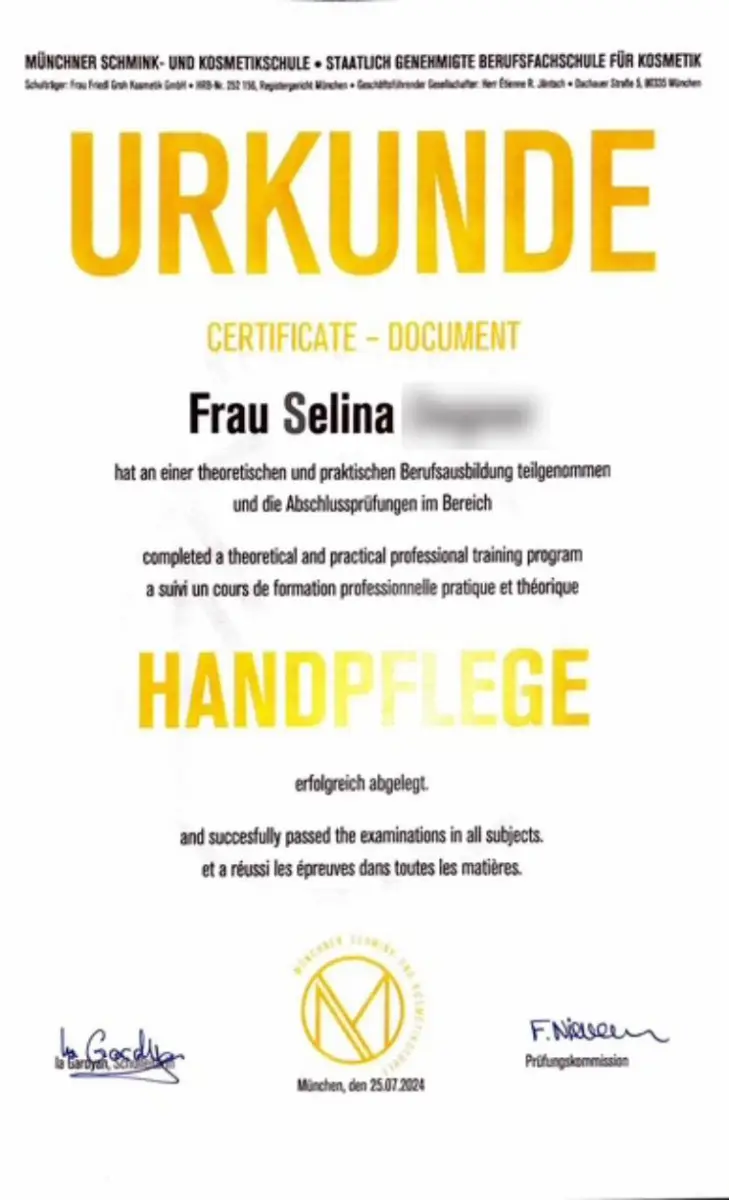 Handpflege Zertifikat Selina – Pflege & Maniküre