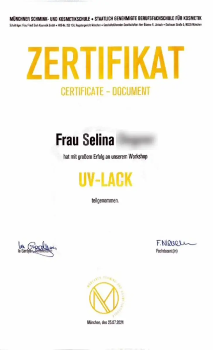 UV-Lack Zertifikat Selina – Nageldesign Workshop